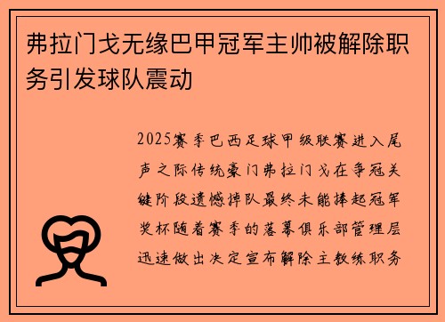 弗拉门戈无缘巴甲冠军主帅被解除职务引发球队震动